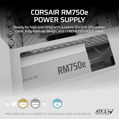 Image of CORSAIR RM750e ATX 3.1 PCIe 5.1 Ready Fully Modular 750W Power Supply - 12V-2x6 Cable Included, Cybenetics Gold Efficiency, 105C-Rated Capacitors, Modern Standby Mode - White