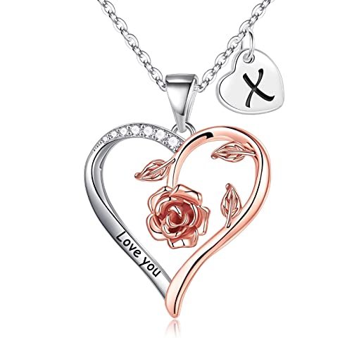 STORUP Heart Necklace for Women Day Gifts, Rose Love Heart Initial X Letter Necklace Jewelry Birthday Mothers Day Gift for Her Women Wife Girlfriend Mom Daughter Christmas
