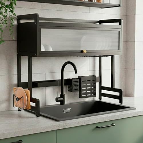 Decolab Escorredor de Louça Multiuso Para Pia Suspenso Grande com Armário Gaveta Porta Retrátil (Preto, 2 Andares)