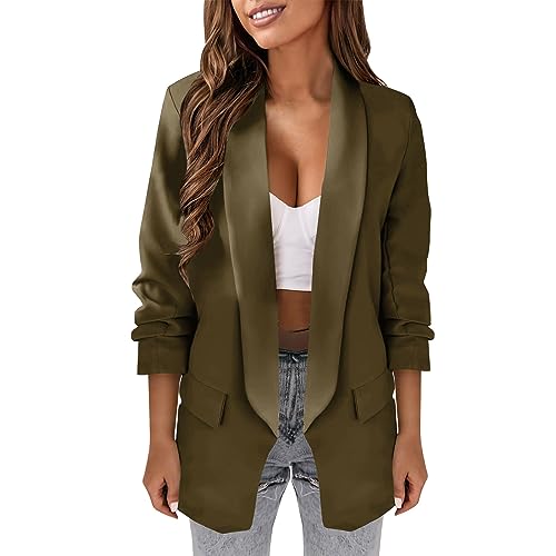 L9WEI Blazer för kvinnor långärmad kavaj företag kontor kavaj enfärgad casual kostym öppen front cardigan höst ytterkläder, kaffe, 3XL