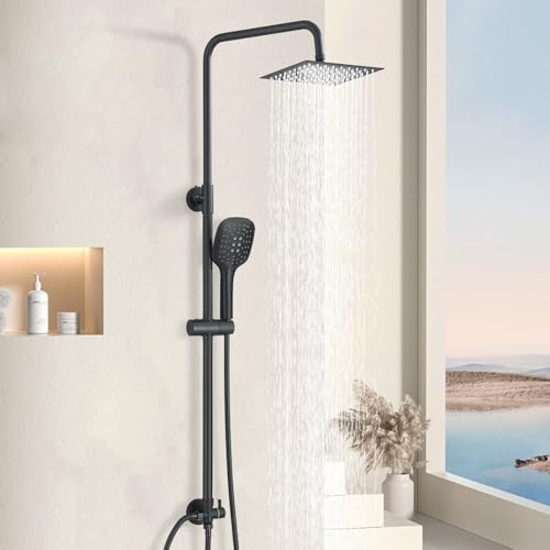 Colonna Doccia Non Termostatica JUNSHENG, Set Doccia in Acciaio Inox 304, Set Doccia con Soffione Quadrato e Doccetta, Nero (20x20cm)