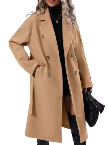 Women's Notched Lapel Double Breasted Pea Coat Long Sleeve Wool Blend Overcoat Mid-Long Trench Coats with Belt