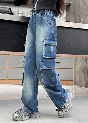 Kids Girls Elastic Waist Baggy Cargo Denim Jeans Pants with Pockets - Y2K Wide Leg Cotton Casual Jeans for 4-14Years4
