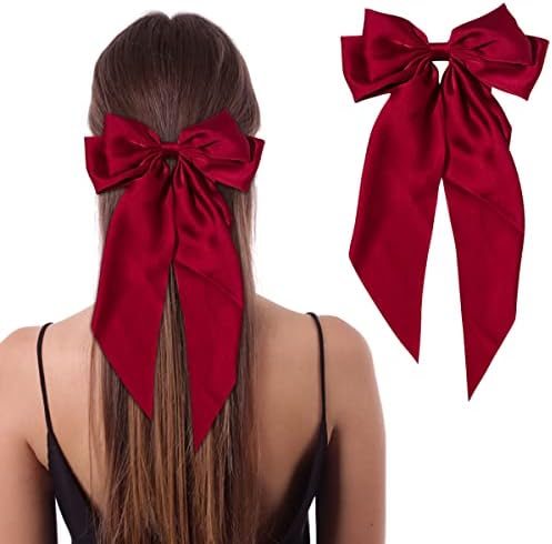 Jumbo Bow Clip with Tails Hair Bow Clip For Woman Girls Silky Satin Hair Barrettes Clip Large Bow Hair Slides Metal Clips French Barrette Long Tail Bowknot Hairpin Hair Pins Accessories (Red)