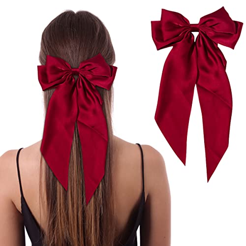 Jumbo Bow Clip With Tails Hair Bow Clip For Woman Girls Silky Satin Hair Barrettes Clip Large Bow Hair Slides Metal Clips French Barrette Long Tail Bowknot Hairpin Hair Pins Accessories (Red) #TOP20