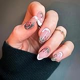 24Pcs French Tip Press on Nails Christmas Fake Nails Medium Almond False Nails Pink with Christmas tree Designs Acrylic Nails Cute Xmas Glossy Artificial Nails Stick on Nails for Women