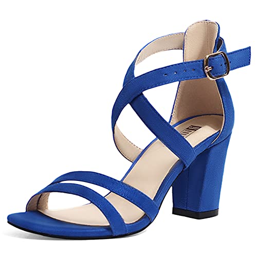 IDIFU Women s IN3 Gita Block Heel Open Toe Strappy Sandals Dress Shoes for Wedding Evening Prom (Royal Blue Suede, 11 M US)