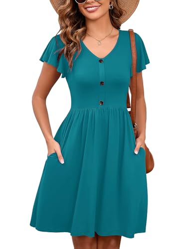 Image of Heymoments Women's Ruffle Sleeve V Neck Swing Sundress Summer Casual A-Line Midi Dress with Pockets S-2XL
