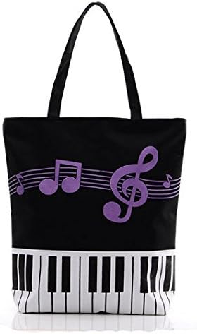 Black Canvas Bag Piano Keyboad Purple Music Note Tote Bag Shoulder Purse