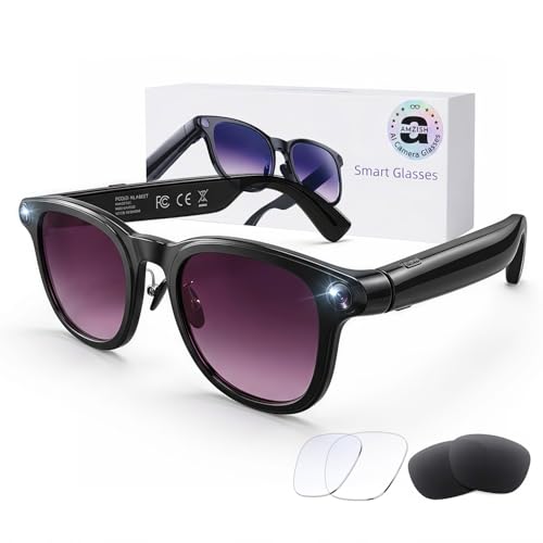 AI Smart Glasses with Camera, 8MP HD Bluetooth Camera Glasses, 1080P Video Recording Sunglasses for Women Men, Real Time Translation, Voice Assistant, Open Earbuds for Travel, Work Vlog (3 lenses)
