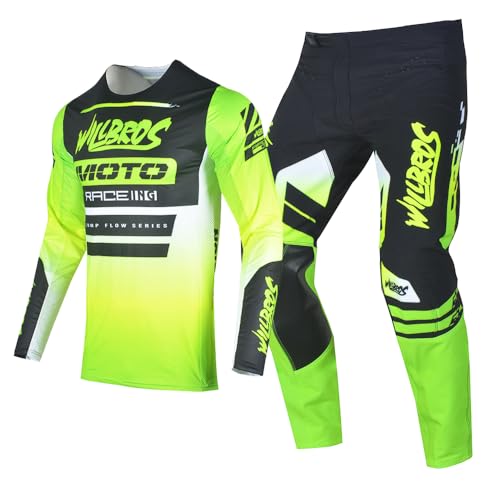 Willbros Combinaison de Pantalons Maillot Jersey MX Enduro Motocross Hors Route Moto MTB BMX pour la Compétition Homme Femmes Jaune Vert (Jersey L Pants 34)