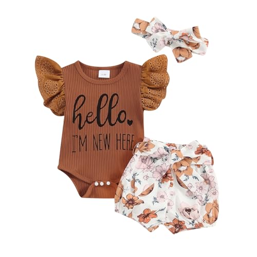 Image of Hello World Newborn Outfit Baby Girl Going Home Outfit Ruffle Ribbed Romper Top Floral Pants Set Cute Summer Clothes