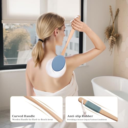 Image of AmazerBath Lotion Applicator for Back, Feet, 4 Replacement Pads with 17 inch Curved Handle, Back Sunscreen Applicator for Kids, Elderly, Women, Apply Skin Cream Medicine Moisturizer Tanner, Slate Blue