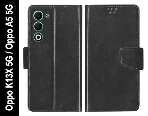 Image of SBMS Flip Cover for Oppo K13x 5G / Oppo A5 5G 6.67 inch Back Cover Case with Magnatic Closure | Inbuilt Stand | Card & Money Pocket (Black)