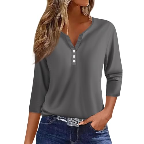 Womens 3 Quarter Sleeve Tops V Neck Button Down Blouses Solid Color Loose Curved Hem Shirts Dressy Casual S-3Xl