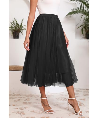 Kingfancy Women's Winter Skirts 2 Layered Tulle Tiered Long Skirts Elastic Waist A-Line Midi Skirts3