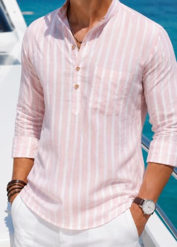Image of Majestic Man Men's Pure Cotton Striped Mandarin Collar Regular Fit Roll-Up Sleeves Short Kurta