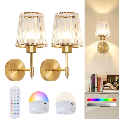Image of Battery Operated Wall Sconce Set of 2, Rechargeable Wireless Wall Lights with 5200mAh Dimmable Bulbs and Remote,15 Colors Wireless Wall Lamps for Bedroom Living Room Hallway Decor-Clear Gold