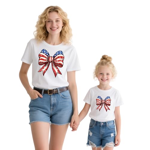 Image of Mommy and Me 4th of July T-Shirt Mama Mini Party in The USA Shirt American Flag Bow Tees