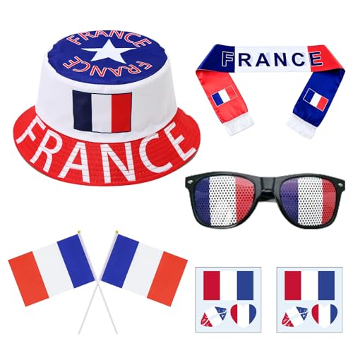 AHEZQILU Kit Supporter France 7 Pièces, Football Accessoire Chapeau avec Lunettes, Drapeaux et Tatouages pour la Coupe du Monde 2026, Idéal Lors des Soirées de Match pour Garçons et Filles