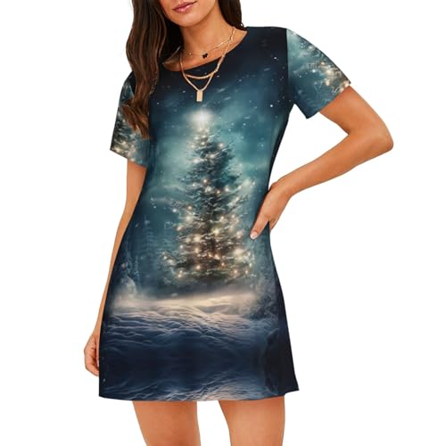 KPXXAQT Robe de pyjama tendance avec motif sapin de Noël et neige - Entretien facile - Silhouette trapèze, Noir , M