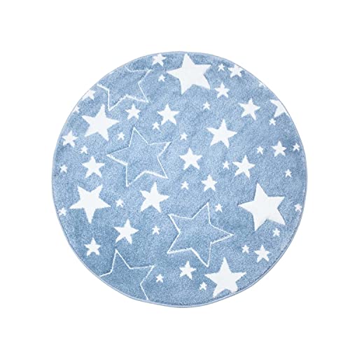 Muratap Vloerkleed Bueno Sterren Blauw - Kinderkamer Speelkamer Jongen, Meisje Kindertapijt 3D Laagpolig Tapijt OEKO-TEX Gecertificeerd - Maat: 160 cm - Rond - Afbeelding 3