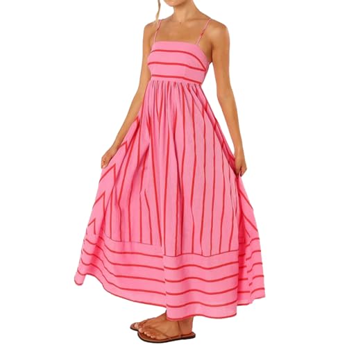 ABYOVRT Women Striped Maxi Dress Sleeveless Backless Cutout Smocked Sundress Spaghetti Straps Boho Flowy Dresses (Watermelon red,M)