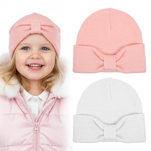 Larrel 2PCS Baby Beanie, Knitted Warm Hat for Girl and Boy, Soft Toddler Kids Winter Hats, Comfort Cute Warm Cap Beanies for Infant (Pink and White)