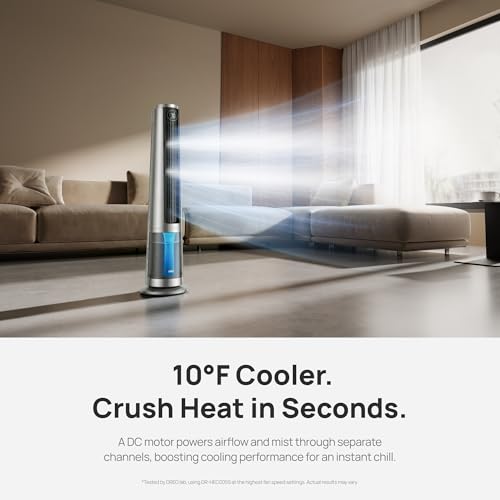 Image of DREO TurboCool Misting Fan 765S, Fans that Blow Cold Air, 10F Cooling, 34ft /s Fast Evaporative Air Cooler, 6L Tank, 20 dB Quiet DC Motor, 90 Tower Fan with 12 Speeds, 4 Modes for Home, Silver
