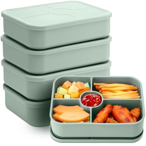 Jingmore 4 Pack Silicone Bento Box, 5 Compartment, Green