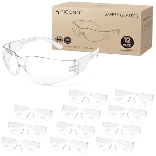 TICONN 12 Clear Safety Glasses for Men, Safety Goggles with Scratch Impact Resistant Meets ANSI Z87.1 Standard (12 Pack)