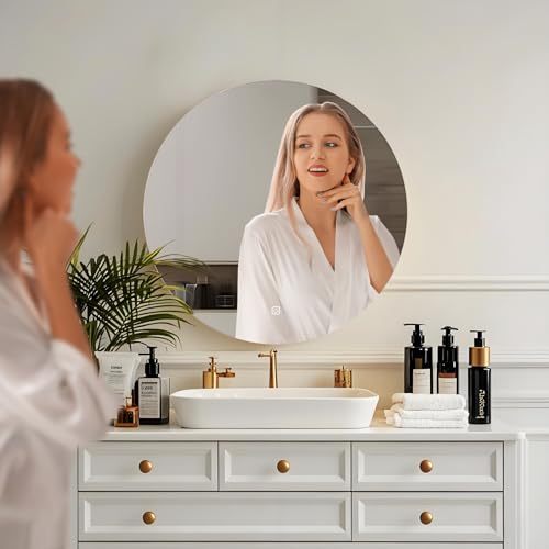 MYGIIVOVO Rund Badezimmer Wandspiegel, Badspiegel Mit Beleuchtung, 50cm Spiegel mit LED Licht, Touch Schalter und 3 Farben Dimmbar