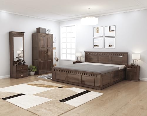 Image of SONA ART & CRAFTS Kuber Solid Sheesham Wood Bedroom Set | King Size Bed with Box Storage, Wardrobe, Dressing Table & Two Bedside Tables - Walnut Finish (Assembly Included)