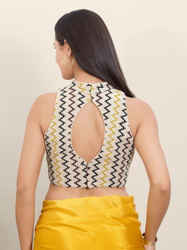 Image of Vamas Women's Net Saree Blouse | Padded Sleeveless Back Open Designer Blouse | ReadymadeEthnic Blouse with Tie-Up Back for Women