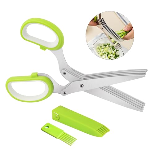 Sanrolax Modern Green Stainless Steel Kitchen Scissors, 5-Layer Blade, 19 cm Long, 8 cm Wide, Equipped with Cleaning Comb and Protective Helmet