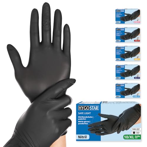 FRANZ MENSCH Hygostar Nitrilhandschuhe Safe Light | puderfrei, schwarz, 10/XL, 24cm, 100 Stück, Einweghandschuhe, Einmalhandschuhe, in Gr. XS, S, M, L, XL & XXL verfügbar