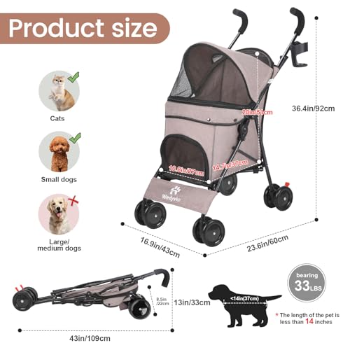 3-in-1-Haustier-Kinderwagen für kleine Hunde und Katzen, faltbarer Haustier-Kinderwagen mit verstellbarem Griff, 4 Räder, atmungsaktives Netzgewebe, großes Fassungsvermögen (Kaffee)