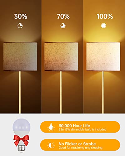 Floor Lamp, Boostarea Standing Lamp, 15W Led Floor Lamp With 3 Dimmable Levels, Simple Standing Lamp With Linen Lampshade, On/Off Footswitch, Tall Floor Lamps For Living Room/Bedroom/Office/Boho, Gold #TOP1