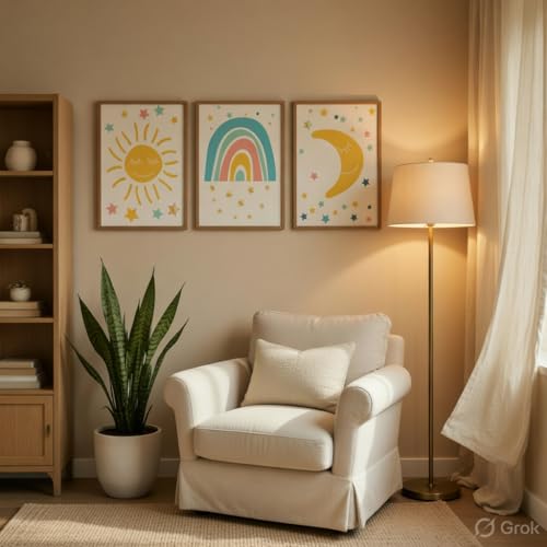 Image of Livin'luxe Kids Nursery Wall Painting Set of 3 with Wooden Frames | Sun Rainbow Moon Kids Room Wall Art | HD Sparkle Printed MDF Cartoon Wall Decor for Baby Room, Nursery, Playroom & Bedroom