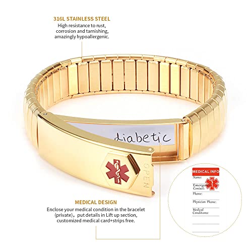 Magvivace Women Medical Alert Id Stainless Steel Personalized Emergency Adjustable Elastic Bracelet For Diabetes Type 1 2, Allergy, Dnr, Epilepsy, Autistic #TOP3