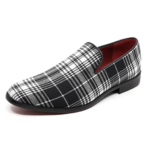 Men's Vintage Plaid Fashion Smoking Slipper Dress Tuxedo Loafers Slip On Shoes SM-50 (Black White, us_Footwear_Size_System, Adult, Men, Numeric, Medium, Numeric_8_Point_5)