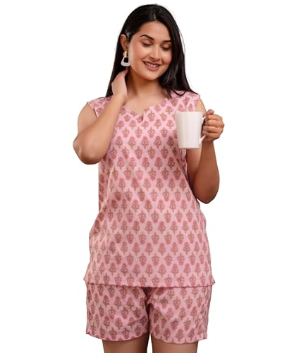 Image of Women's Cotton Printed Night Suit Set of Top & Shorts Sleeveless Women's Lounge Wear Set