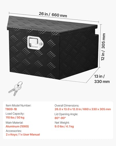 Image of VEVOR Trailer Tongue Box, Heavy Duty Trailer Tongue Tool Box Storage Organizer with Lock & Keys, Utility Tool Chest for Pickup Truck Bed, RV, SUV, Off-Road Vehicle, Aluminum, 26 inch x 13 inch x 12 inch, Black