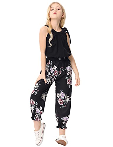 Geru Girls Rompers Halter Tie Up Sleeveless Casual Jumpsuits Floral Printed Long Pants With 2 Pockets 5-6Y #TOP2