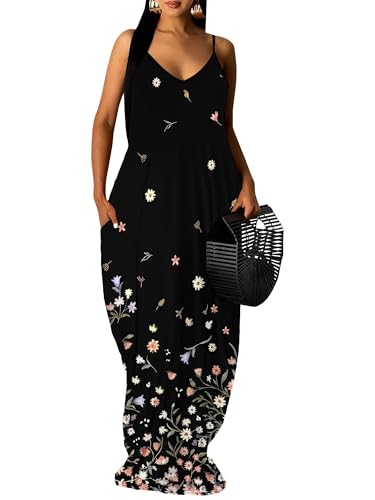 Image of SUZONANA Women's Plus Size Summer Dresses Spaghetti Print Maxi Dresses Long Loose Sundresses