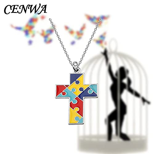 CENWA Colar com cruz de autismo, presente de conscientização de Asperger para mãe cristã de autismo/