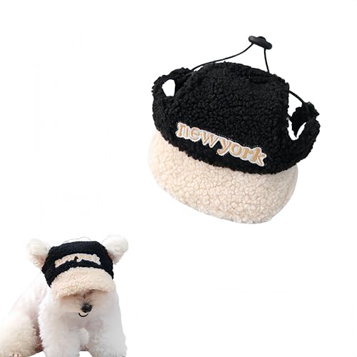 New York Embroidered Pet Hat, Black and Cream Plush Winter Cap for Dogs and Cats (Black, Medium)