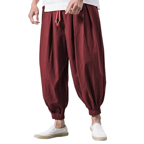 Mens Lightweight Pants Cotton Harem Pants Casual Loose Hippie Drop Crotch Trouserbaggy Hippie Casual Yoga Beach Trouserflowy Pants Mens Sweatpants with Pockets(Wine,x-Large)