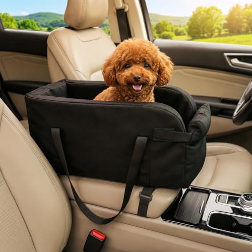 Waterproof Faux Leather Center Console Dog Car Seat 2-in-1 Portable Puppy Carrier & Armrest Booster Seat for Small Dogs Easy-to-Clean Tech Fabric Sturdy Cushioned Anti-Collapse Walls Under 9 lbs