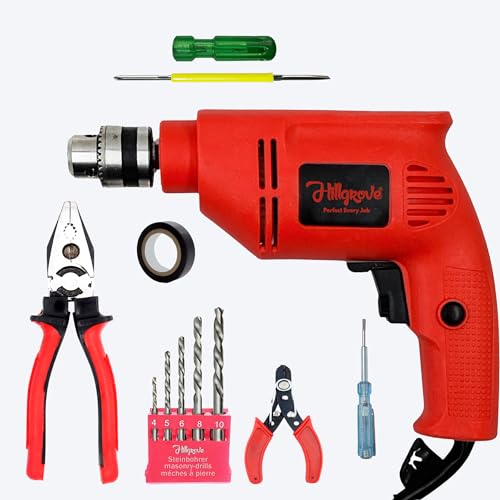 Image of Hillgrove HGCM1378M1 600W 10mm 100% Copper Winding Electric Mini Screw Drilling Wall Hole Small Power Drill Machine Kit Set for Home Use with Reverse Forward Function